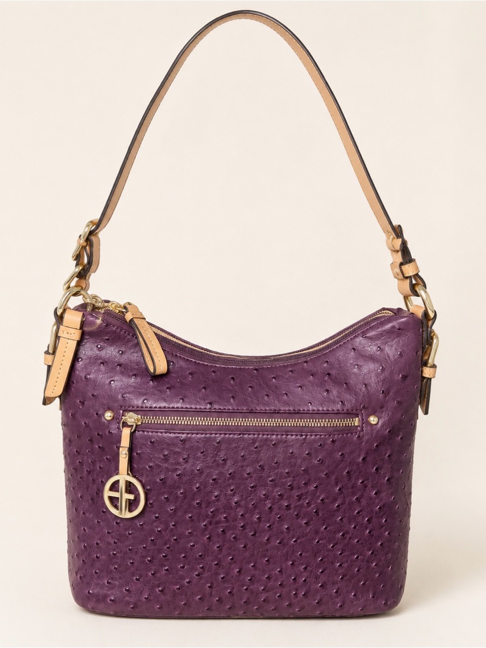Gianni Bernini- Purple Ostrich-Texture faux leather Bag with Tan Trim & fob